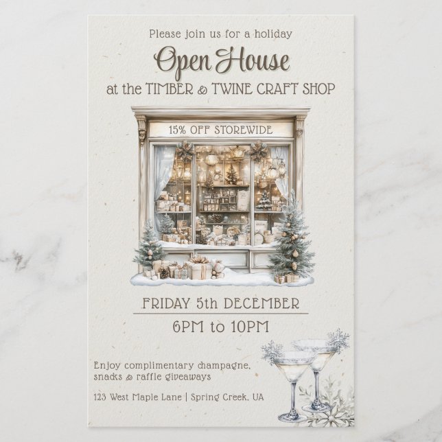 Flyer Festive Holiday open house cozy shop marketing (Frente)