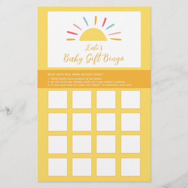 Flyer Ficha de juego de Bingo de Baby Shower, Sunshine M (Frente)