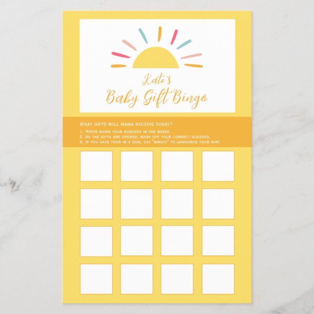 Flyer Ficha de juego de Bingo de Baby Shower, Sunshine M (Frente)
