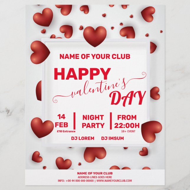 Flyer Fiesta de corazones rojos de Valentines 3D (Frente)