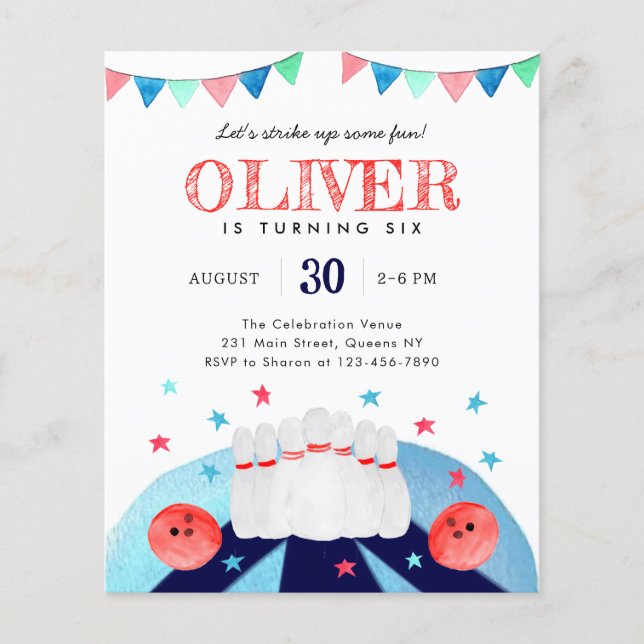 Flyer Fiesta de cumpleaños barata de boliche que levanta (Frente)