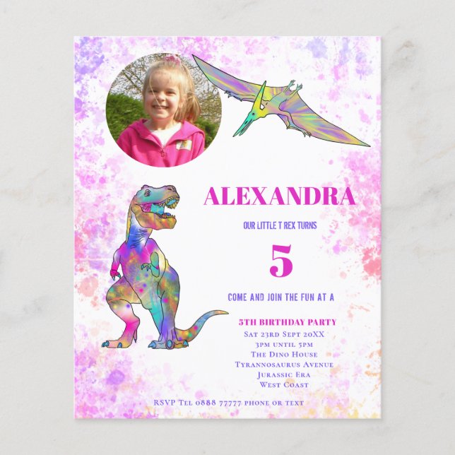 Flyer Fiesta de Cumpleaños de Dinosaurio Foto Rosa Presu (Frente)