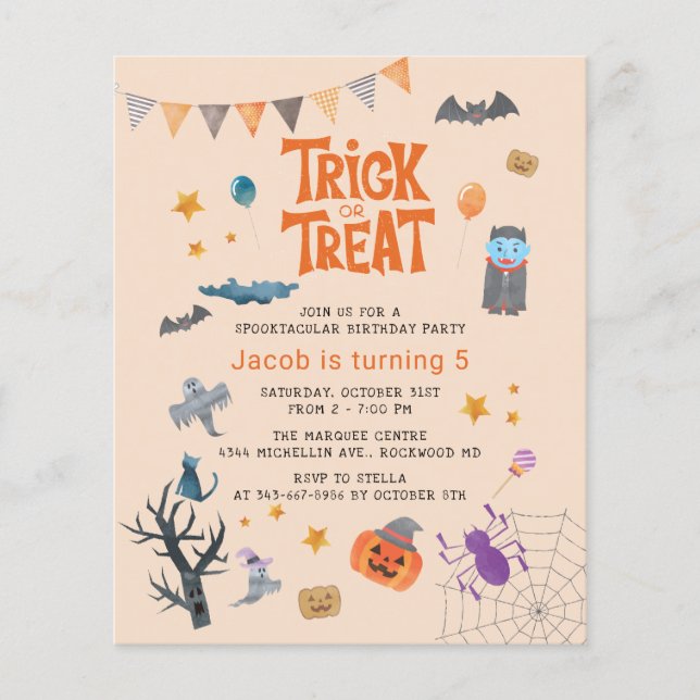 Flyer Fiesta de Cumpleaños de Halloween Truco o Trato co (Frente)