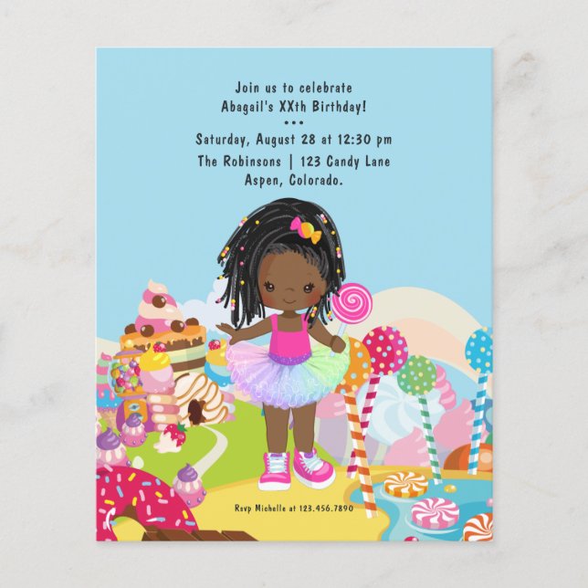 Flyer Fiesta de cumpleaños de niña afroamericana Candy L (Frente)