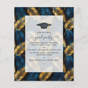 Flyer Fiesta de Graduación Exótica Tropical Azul y Dorad