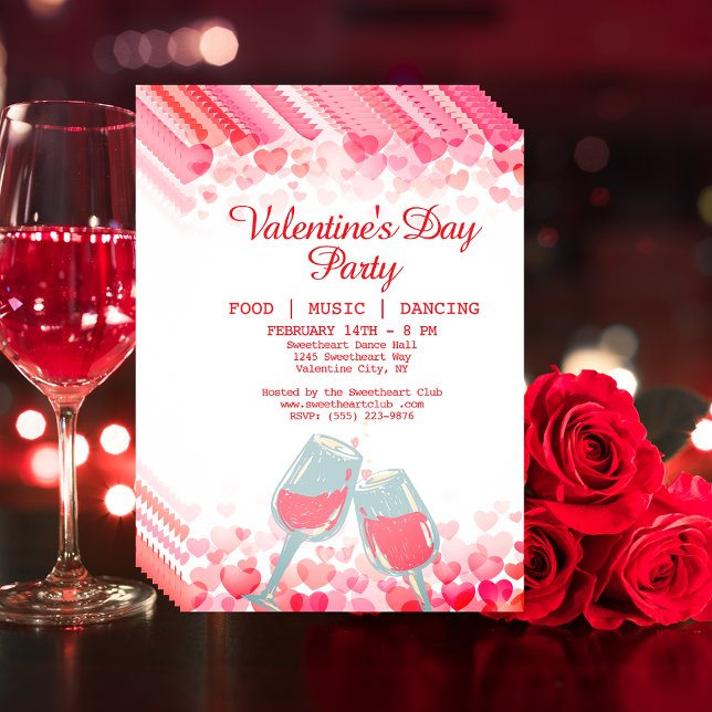 Flyer Fiesta de San Valentín Rosa con Comida Música Bail (Pink Valentine's Party Food Music Dancing Club Flyer)