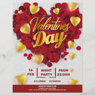 Flyer Fiesta de Valentines 3D Golden & Red Hearts