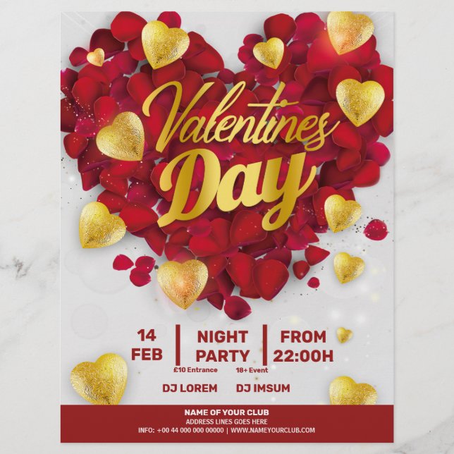 Flyer Fiesta de Valentines 3D Golden & Red Hearts (Frente)