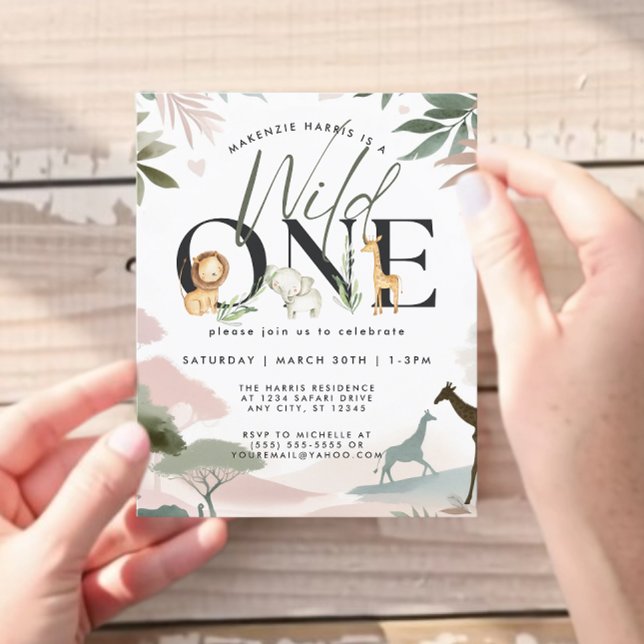 Flyer Fiesta del primer cumpleaños de Budget Wild One Sa (Safari-themed “Wild One” first birthday invitation with jungle animals and greenery.)