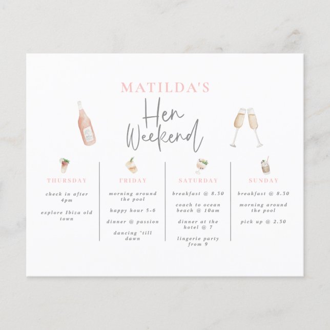 Flyer fin de semana de gallina de cóctel Watercolor (Frente)