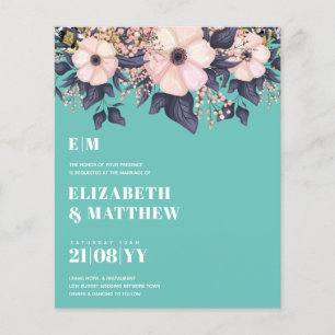 Flyer Flor azul rosada de Boda menor de presupuesto
