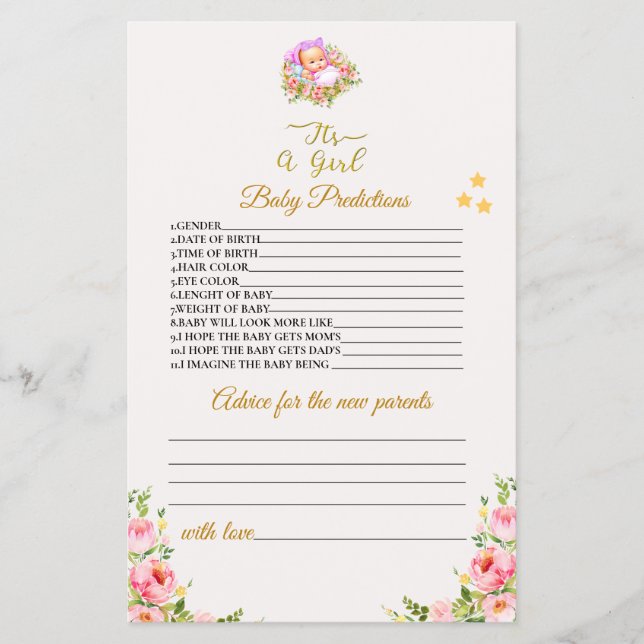 Flyer Flor rosa y dorada tema es una ducha de bebé chica (Frente)