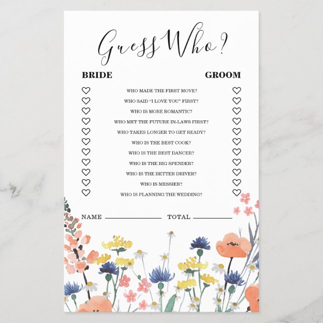 Flyer Flor silvestre ducha de novia Adivinen quién juego (Frente)