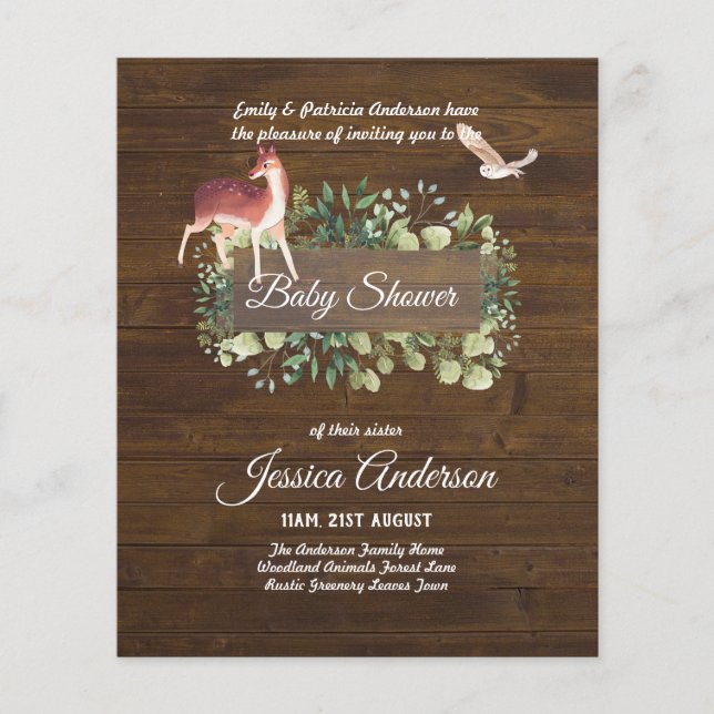 Flyer Flora de Woodland y Fauna BABY SHOWER invitan (Frente)