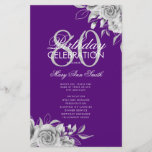Flyer Floral 80th Birthday Program Plata Púrpura con Men<br><div class="desc">Elegante diseño "Programa de fiesta de cumpleaños" con Arreglo floral en plata con texto personalizado.</div>