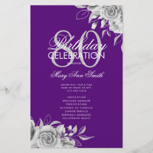 Flyer Floral 80th Birthday Program Plata Púrpura con Men