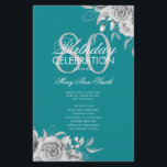 Flyer Floral 80th Birthday Program Plata Verde azulado c<br><div class="desc">Elegante diseño "Programa de fiesta de cumpleaños" con Arreglo floral en plata con texto personalizado.</div>