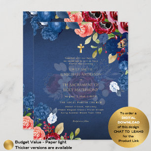 Flyer Floral azul borgoñona católica Boda de misa nupcia