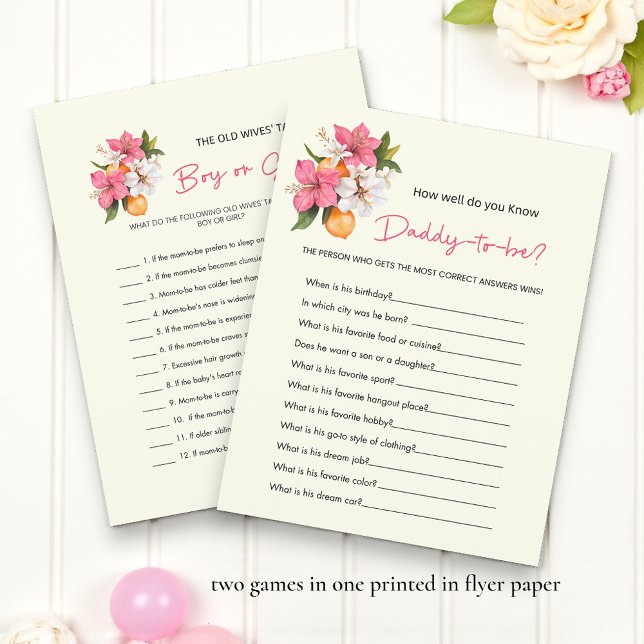 Flyer Floral Boy Girl Old Wives Tales Baby Shower Games (Subido por el creador)