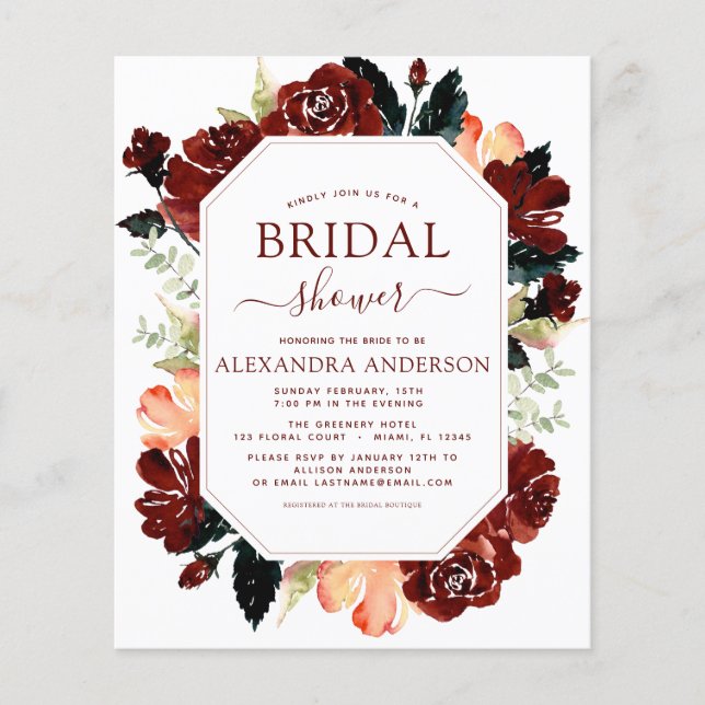 Flyer Floral de ducha de novia azul de la Marina Borgoña (Frente)