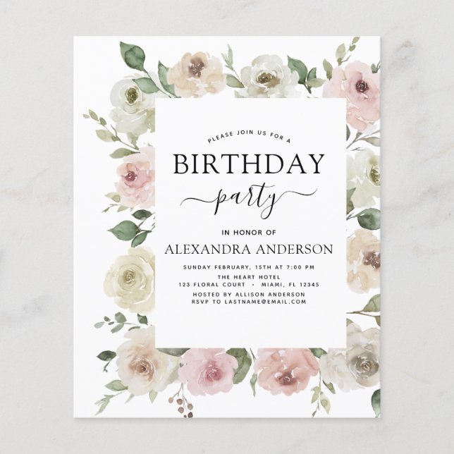 Flyer Floral de fiesta de cumpleaños rosada y agitada en (Frente)