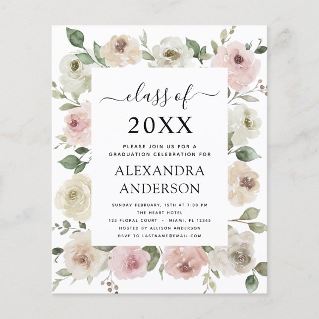 Flyer Floral de graduación rosada Rosa en el presupuesto (Frente)