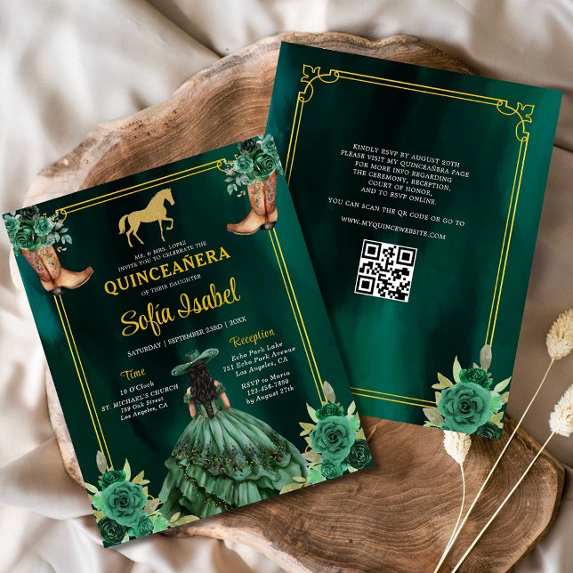 Flyer Floral Emerald Green Gold Boots Caballo Quinceaner (Subido por el creador)