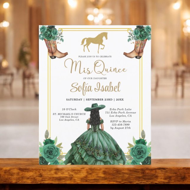 Flyer Floral Emerald Green Gold Boots Caballo Quinceaner (Subido por el creador)
