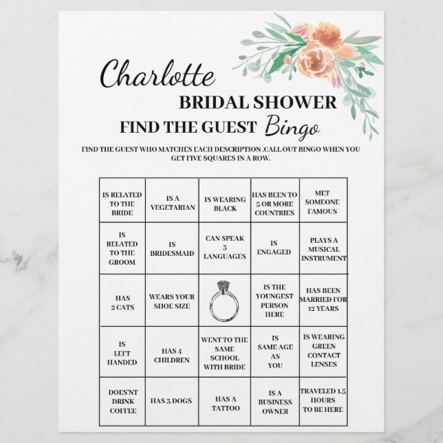 Flyer Floral Find The Guest Bridal Shower Bingo (Frente)