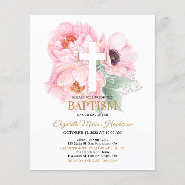 Flyer Floral & Gold/BUDGET- Girl Baptism Invitation. (Frente)