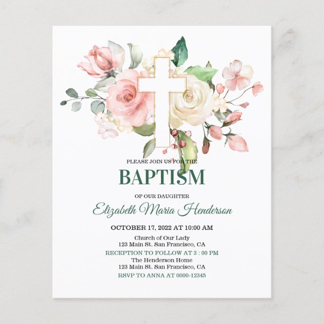 Flyer Floral & Gold/BUDGET - Invitación al bautismo Chic (Frente)