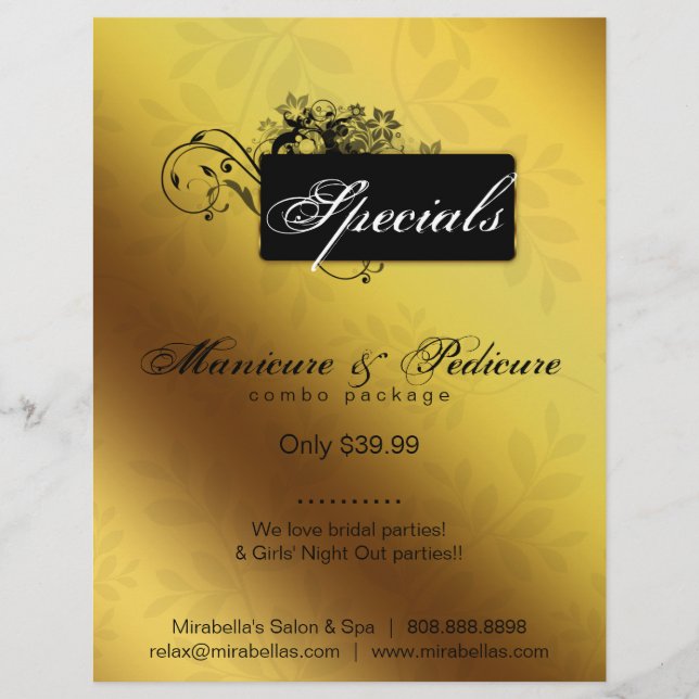 Flyer Floral Mariposa Volador Salón Spa Dorado Negro (Frente)