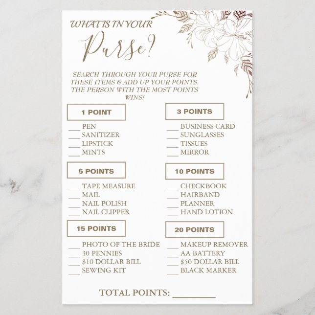 Flyer Floral Qué hay en tu bolso Ducha tarjeta de juego  (Frente)