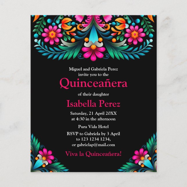Flyer Floral Quinceanera Black Mexican Fiesta Cumpleaños (Frente)
