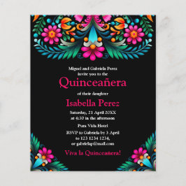 Flyer Floral Quinceanera Black Mexican Fiesta Cumpleaños