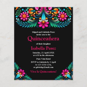 Flyer Floral Quinceanera Black Mexican Fiesta Cumpleaños