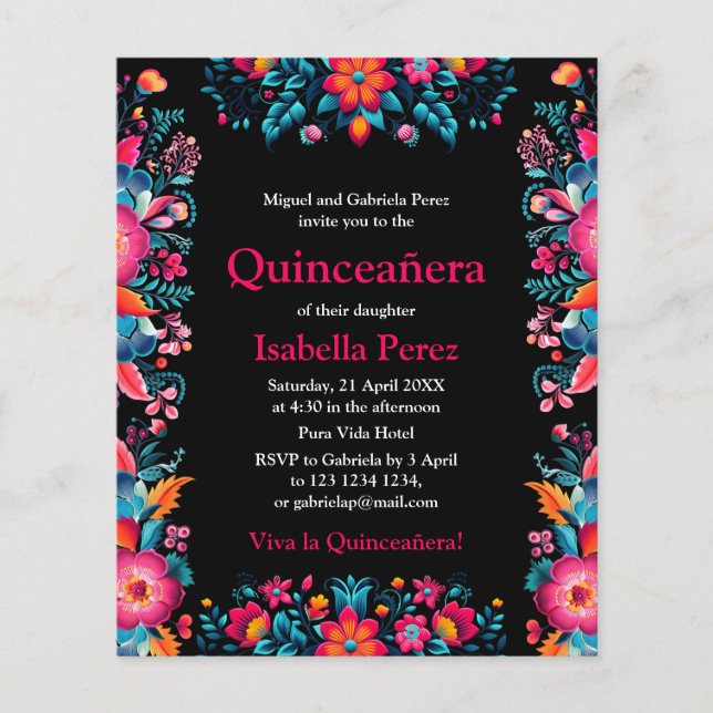 Flyer Floral Quinceanera Black Mexican Fiesta Cumpleaños (Frente)