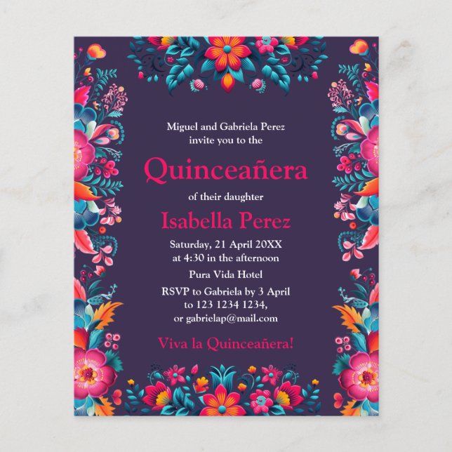 Flyer Floral Quinceanera Purple Mexican Fiesta Cumpleaño (Frente)