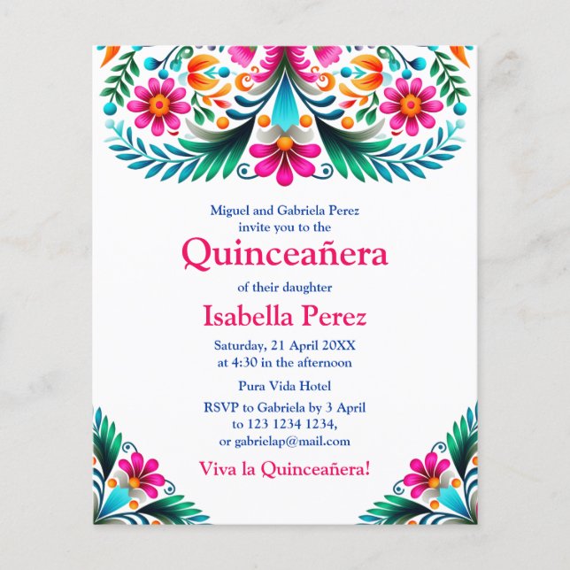 Flyer Floral Quinceanera White Mexican Fiesta Cumpleaños (Frente)
