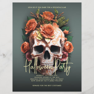 Flyer Floral Skull Halloween Party Moss Green
