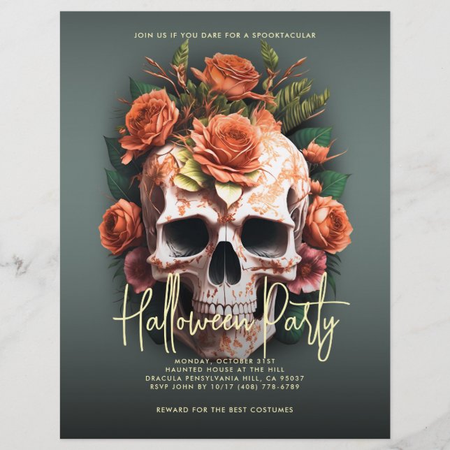 Flyer Floral Skull Halloween Party Moss Green (Frente)