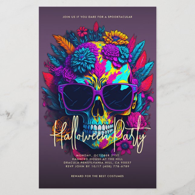 Flyer Floral Skull Halloween Party Purple (Frente)