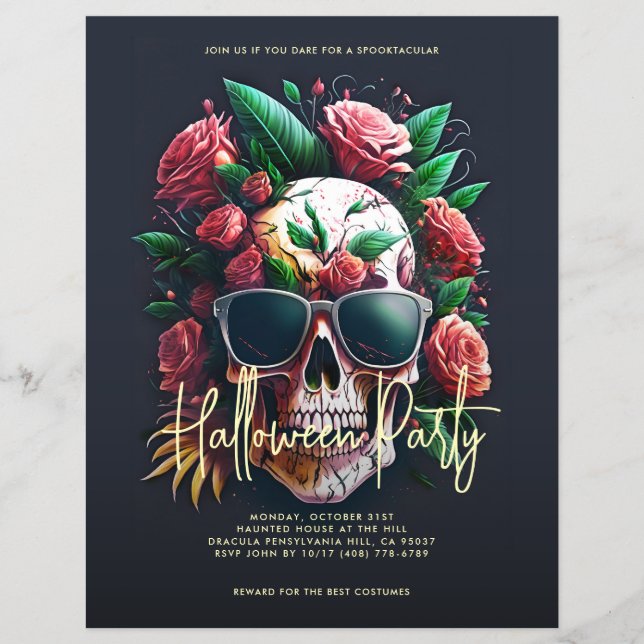 Flyer Floral Skull Oscuro Gray Halloween Party (Frente)