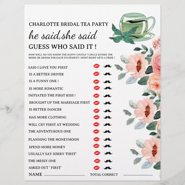 Flyer Floral Tea Fiesta Bridal Shower Game (Frente)
