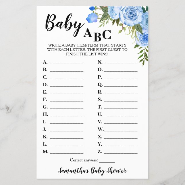 Flyer Flores azules Baby ABC Tarjeta de juego Baby Showe (Frente)
