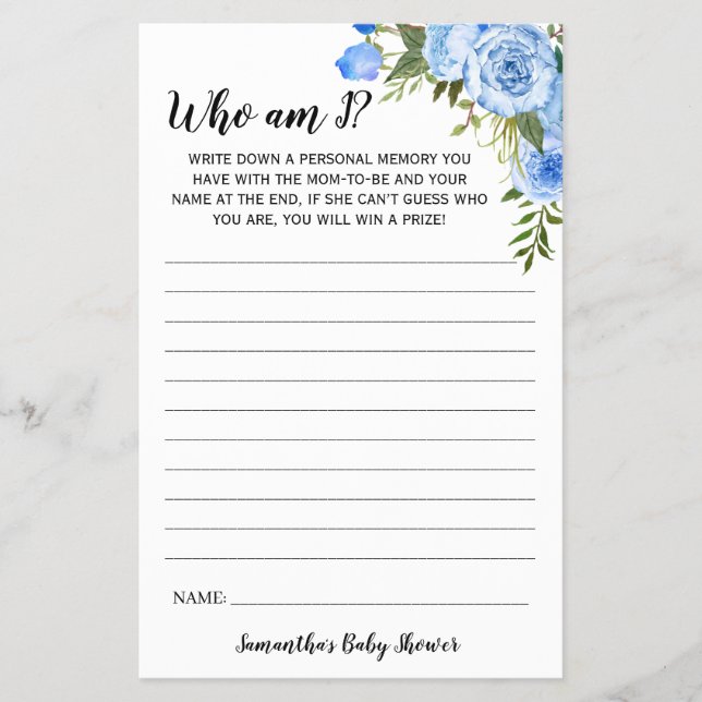 Flyer Flores azules que soy tarjeta de juego Baby Shower (Frente)