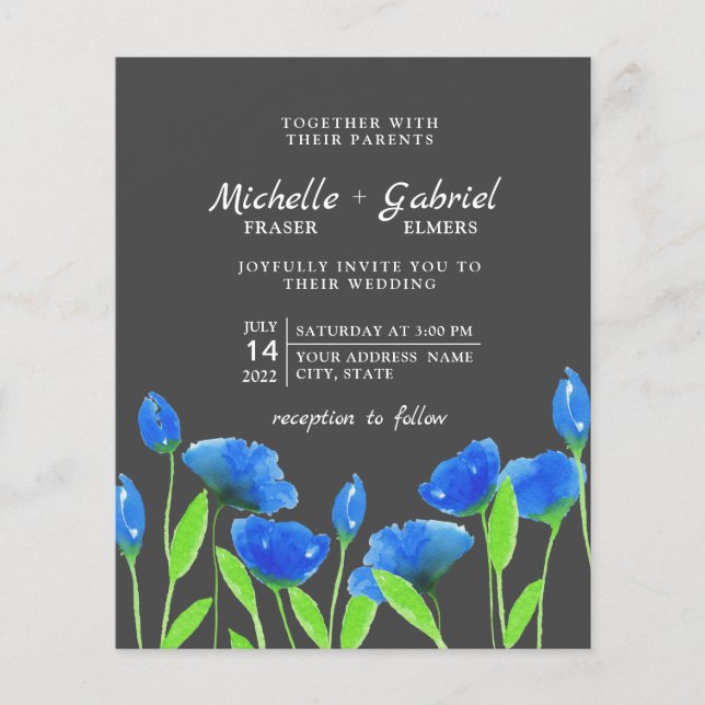 Flyer Flores de acuarela azules. Boda floral. Inv negra (Frente)