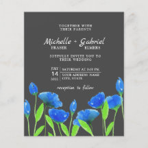 Flores de acuarela azules. Boda floral. Inv negra