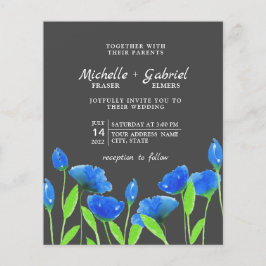 Flyer Flores de acuarela azules. Boda floral. Inv negra