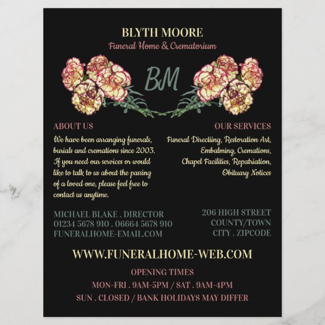 Flyer Flores de clavel, Casa de funerales, Directores (Frente)
